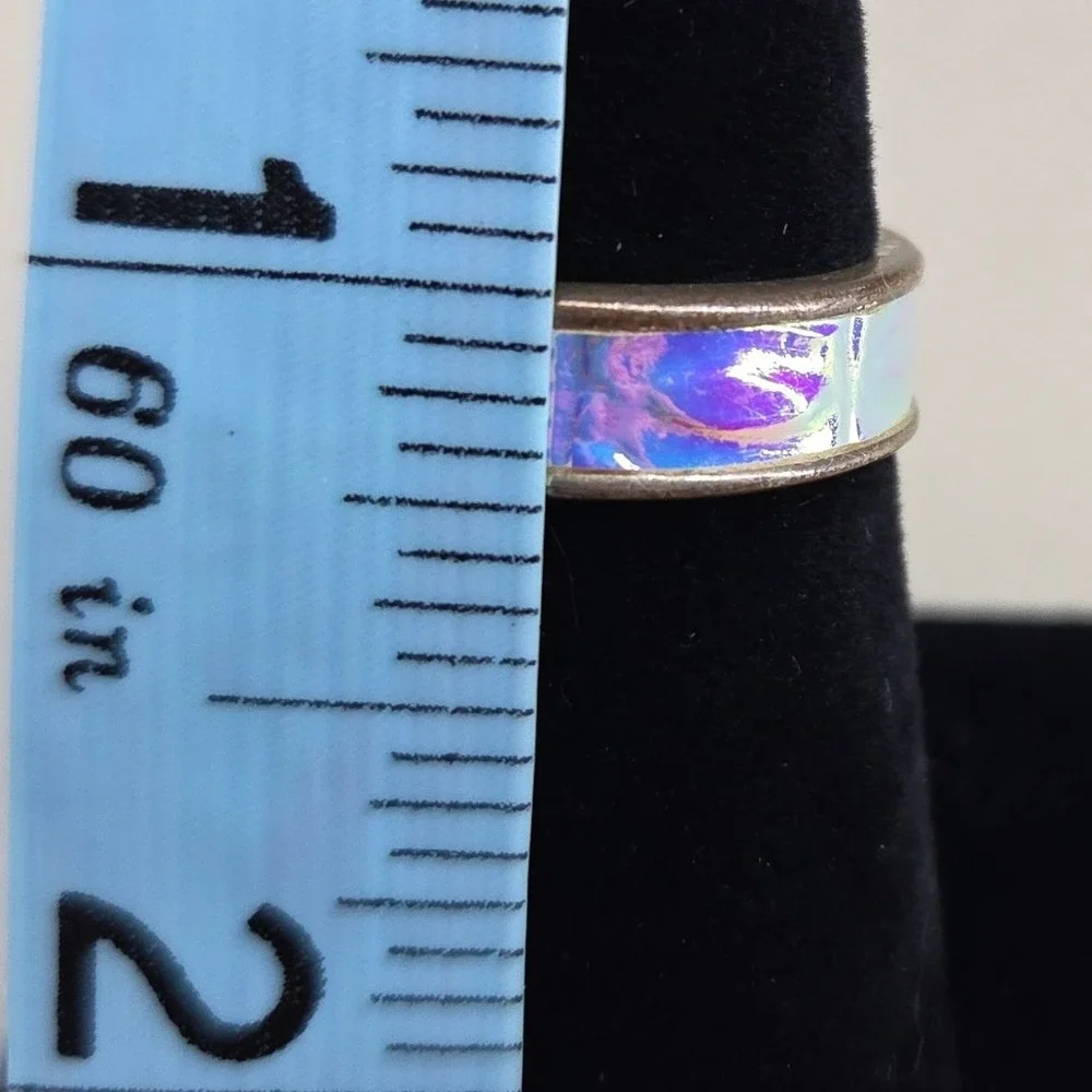 Iridescent‎ Holographic Fabric Inlay Band Ring Silver Tone Size 7 Oil Slick